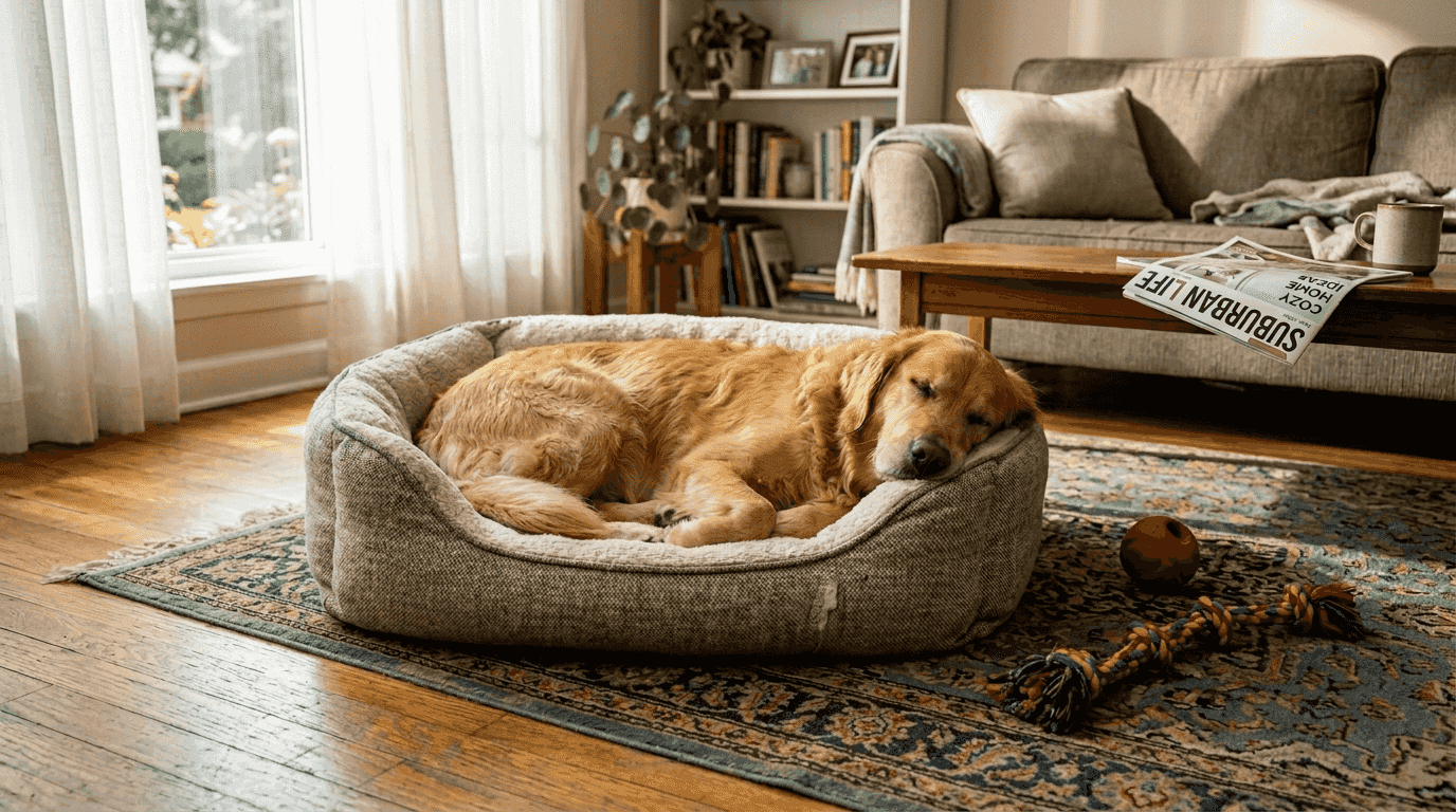 Dog sleeping soundly on soft pet bed Image